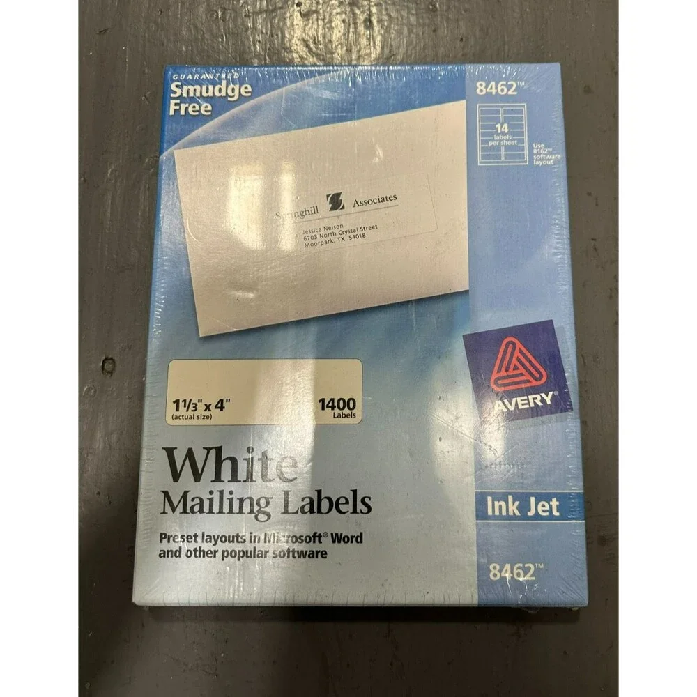Avery Easy Peel White Mailing Address Label Inkjet 1 1/3 x 4 White 1400/Box 8462
